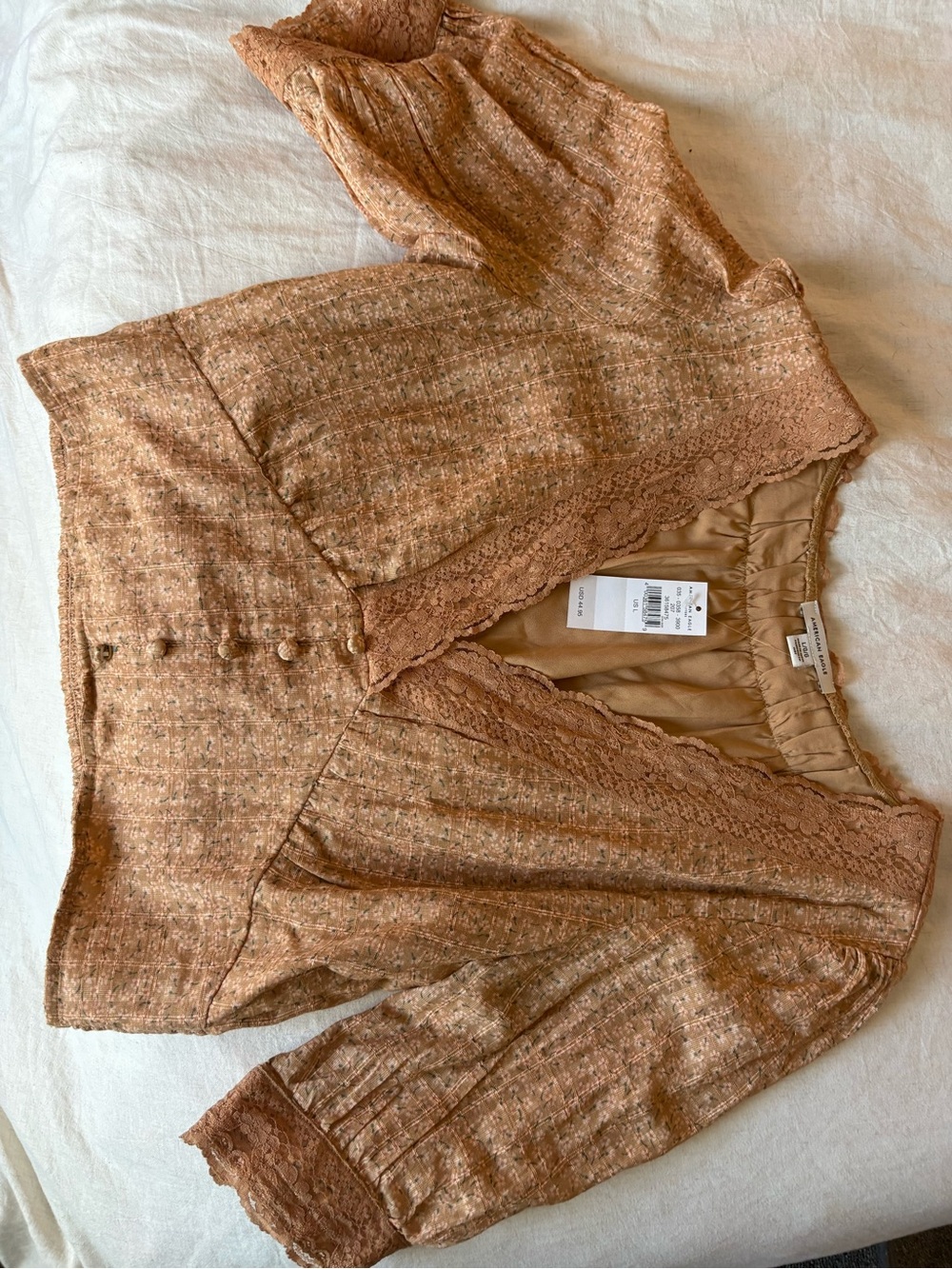 American Eagle Outfitters Orange Floral V-Neck Smocked Hem Blouse